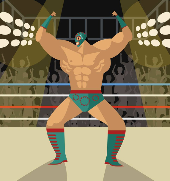 сильный борец в маске на ринге - Вектор,изображение