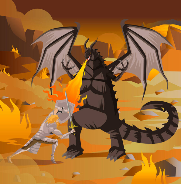 cavaliere eroe combattendo un drago nero nel fuoco - Vettoriali, immagini