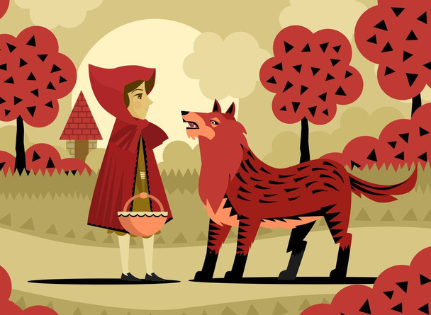 pequeno capuz vermelho na floresta com grande lobo mau - Vetor, Imagem