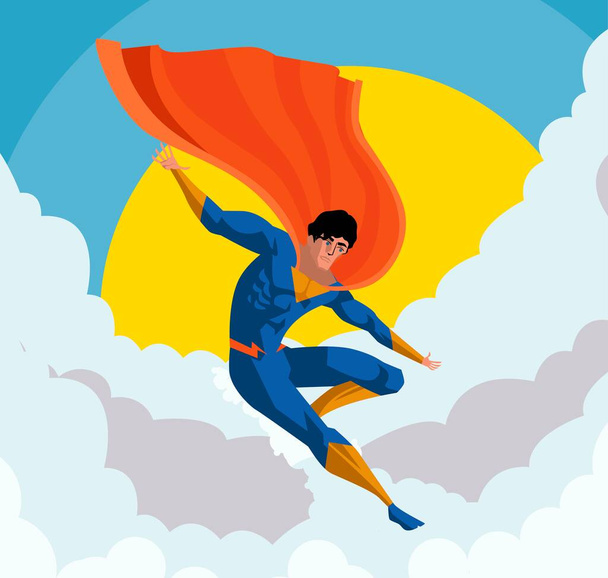 Могущественный супергерой комиксов летит в небе - Вектор,изображение
