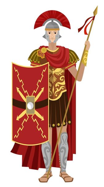 soldado romano centurión guerrero pretoriano con escudo y lanza - Vector, imagen