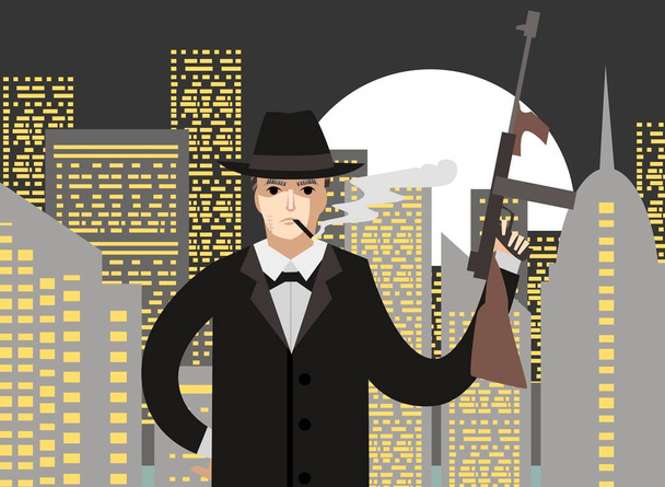 гангстер мафии с пулеметом - Вектор,изображение