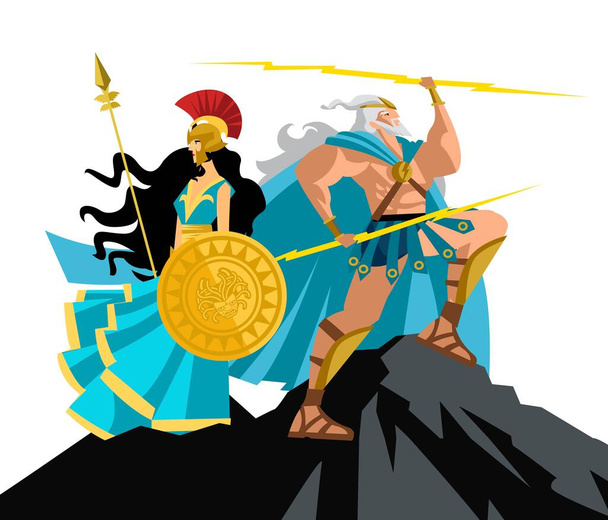 Zeus jupiter ve palas athena minerva Yunan mitolojisi ışın tanrısı ve bilgelik tanrıçası - Vektör, Görsel