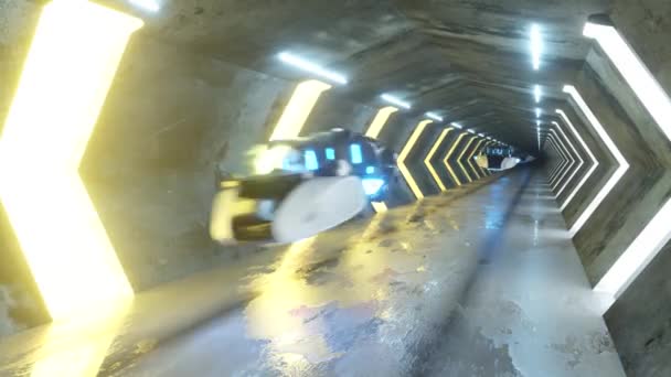 Futuristischer langer Tunnel mit fliegenden Autos. Roboter auf dem Fahrersitz. Künstliche Intelligenz und das Konzept der Zukunft. Nahtlose 3D-Renderschleife. - Filmmaterial, Video