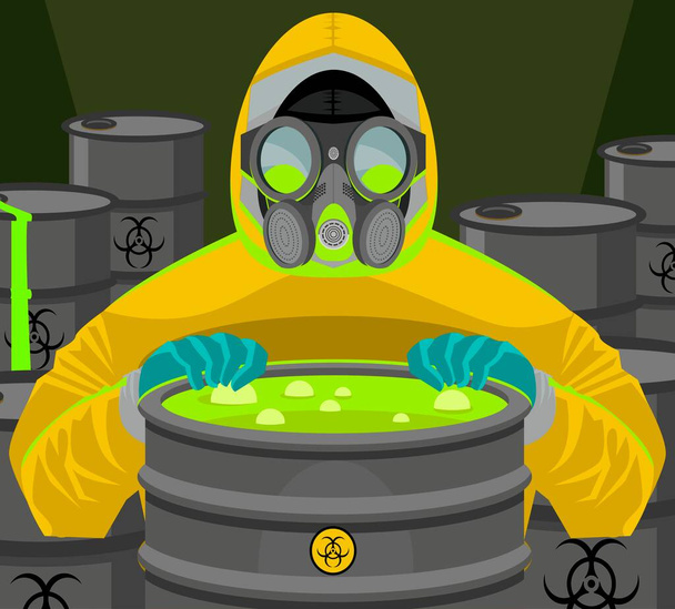 Человек в желтом костюме биологической опасности открывает радиоактивную бочку - Вектор,изображение