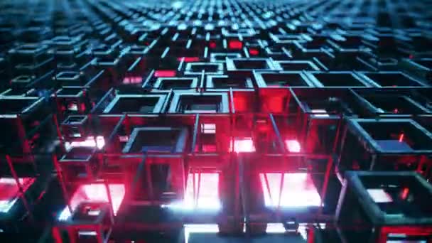 Animation 3D de rangées de cubes en verre coloré flottant à travers le prog en 4K, créant une texture abstraite de la technologie de fond graphique. Boucle sans couture rendu 3d. Couleur rouge bleu - Séquence, vidéo