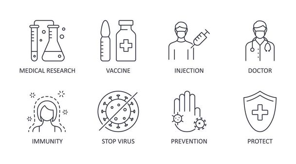 Vector vaccination icons. Editable stroke. Scientists are making a vaccine against coranovirus and other dangerous diseases. Medical research injection protect immunity. Doctor stop virus prevention. - Vector, Image