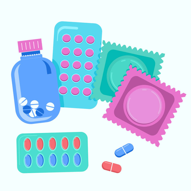 Condoms and birth controll pills in blister packs.World contraception day poster or card.Prevention HIV/AIDS and many venereal diseases.Safe sex concept.Online medical consultation.Awareness vector.  - Vector, Image