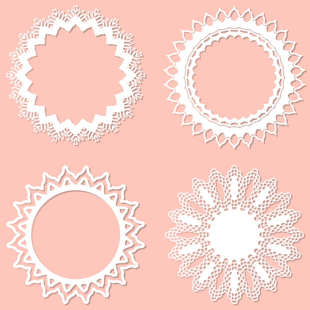 Set of 4 round frame with swirls, vector ornament, vintage frame. White frame with lace for paper or wood cutting. Doily ornament. Round decor pattern. - Wektor, obraz