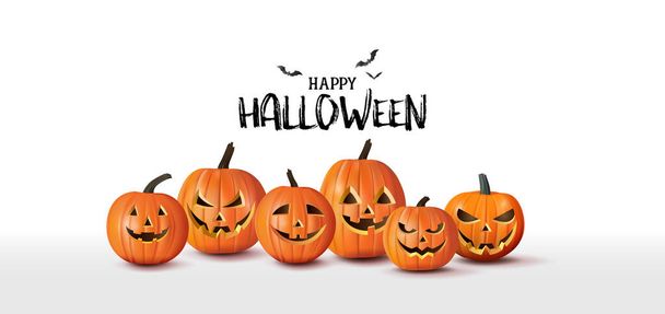 Feliz banner de felicitación de Halloween con calabazas y murciélagos. Estilo de corte de papel. - Vector, Imagen