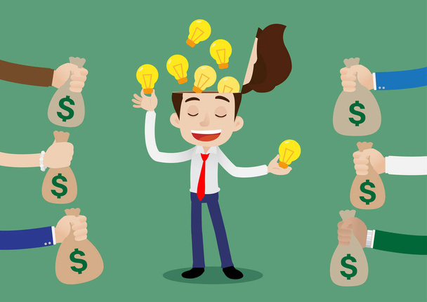 Happy young businessman sell his idea bulbs to another concept - Vector, Image