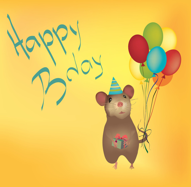 Buon compleanno Card con palloncini e mouse in possesso di regalo
 - Vettoriali, immagini