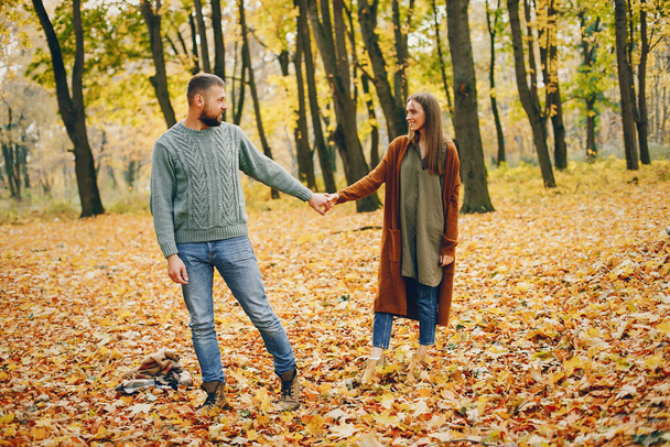 Beautiful couple spend time in a autumn park - Fotoğraf, Görsel