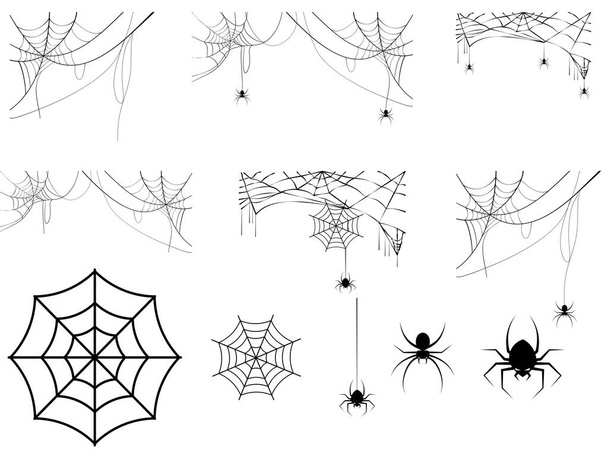 Spinnennetz und Spinnen zu Halloween isoliert auf weißem Hintergrund. Vektorillustration - Vektor, Bild