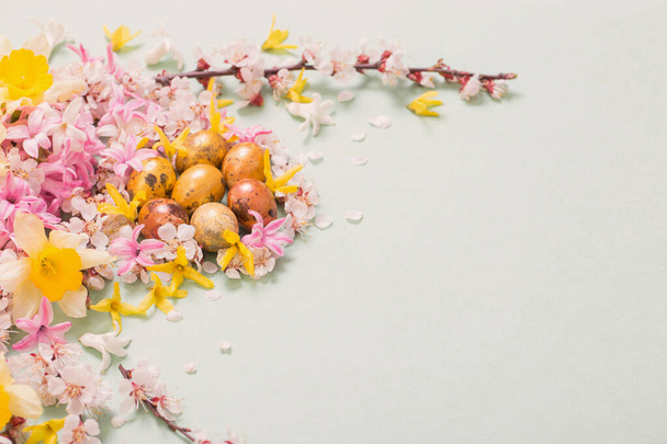 Easter background with eggs and flowers - Фото, изображение