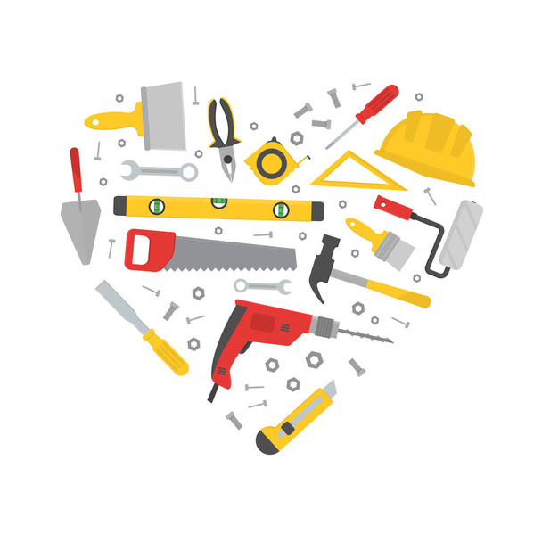 Συλλογή εργαλείων εργασίας σε σχήμα καρδιάς. Κτίριο και επισκευή θέματος. Επισκευή. Τρυπάνι χειρός, κατσαβίδι, πριόνι, πένσα, σφυρί. Εργαλεία κατασκευής. Εργαλεία χειρός για ανακαίνιση και κατασκευή κατοικιών. Επίπεδη  - Διάνυσμα, εικόνα