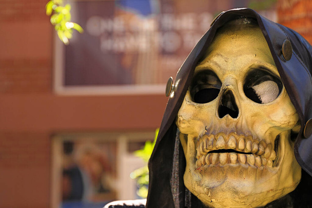Close up Grim reaper.Close-up de una sombría estatua de segador.Disfraz de Halloween fantasma esqueleto aterrador con un abrigo con capucha / Parca con cráneo en capucha negra en la oscuridad
. - Foto, imagen