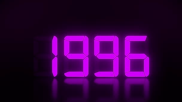 Видеоанимация светодиодного дисплея в пурпурном цвете с 1990 по 2021 годы на тёмном фоне - новый 2021 год - праздничная концепция - Кадры, видео