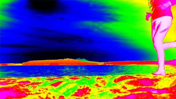 Fitness man running on sandy beach. Weight loss concept in Infra red scan of adult runner.  Thermovision of jogger or runner energy emission. - Footage, Video