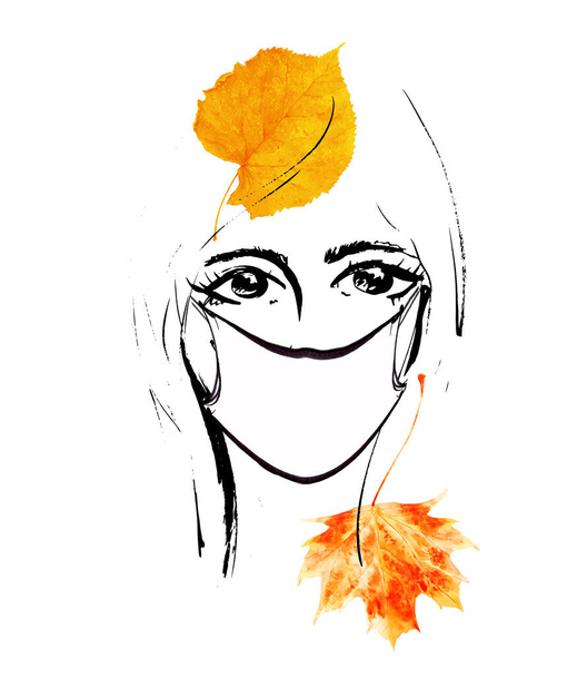Akvarell lány visel lélegeztető fase maszk, hogy megvédje a vírustól. Őszi levelek, őszi koszorú és szépséges lány arc. Divatillusztráció. Ápolóarc - Fotó, kép
