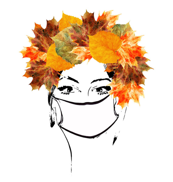 Suluboya kız virüsten korumak için solunum maskesi takıyor. Sonbahar yaprakları, sonbahar çelengi ve güzel kız yüzü. Moda illüstrasyonu. Hemşire yüzü. - Fotoğraf, Görsel