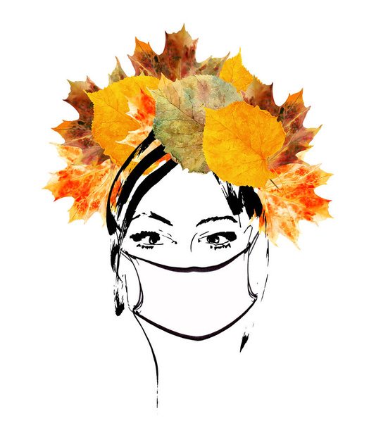 Akvarell lány visel lélegeztető fase maszk, hogy megvédje a vírustól. Őszi levelek, őszi koszorú és szépséges lány arc. Divatillusztráció. Ápolóarc - Fotó, kép