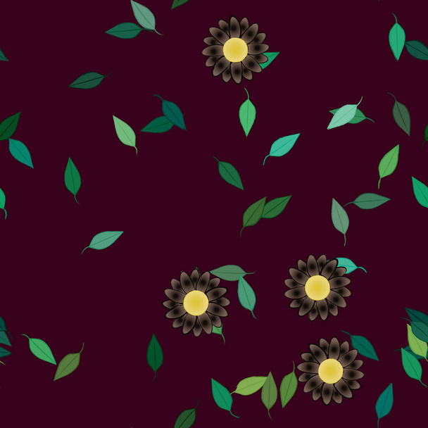 hermosa composición con flores de colores simples y hojas verdes en el fondo, ilustración vectorial - Vector, imagen