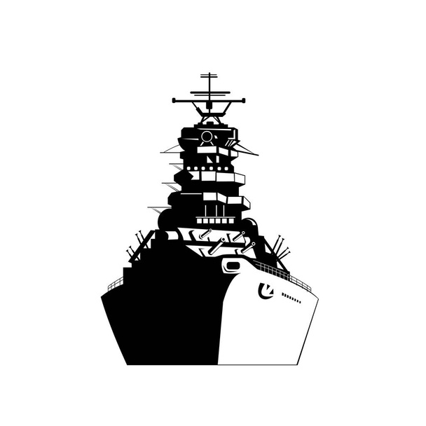Retro-tyylinen esimerkki amerikkalaisesta tai yhdysvaltalaisesta taistelulaivasta, sota-aluksesta, taistelualuksesta, rintamalta katsottuna mustavalkoisella pohjalla. - Vektori, kuva