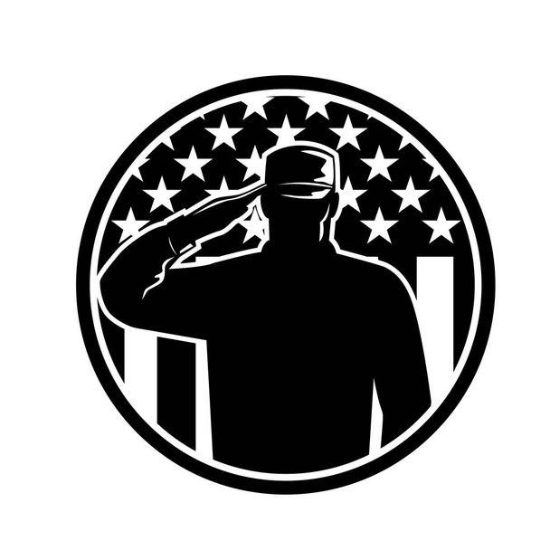 Ілюстрація стилю Ретро про американського ветерана солдата або військовослужбовця, який салютував американським зіркам і смугастим прапорам, встановленим всередині кола на ізольованому тлі, зробленому чорно-білим кольором.. - Вектор, зображення