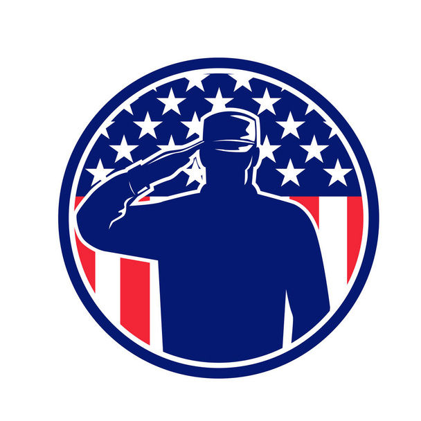 Illustration de style rétro d'un soldat vétéran américain ou du personnel militaire saluant les étoiles et le drapeau à rayures des États-Unis placé à l'intérieur du cercle sur un fond isolé fait en couleur. - Vecteur, image