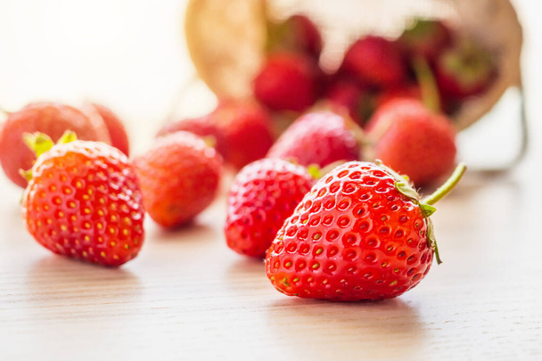 Fresh organic red ripe Strawberry fruit on wood background closeup - Valokuva, kuva