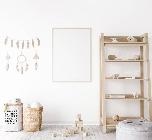 Gestell-Attrappe im Bauernhaus-Babyzimmer, natürliche Holzmöbel im Kinderzimmer-Design auf weißem Wandhintergrund, 3D-Render - Foto, Bild