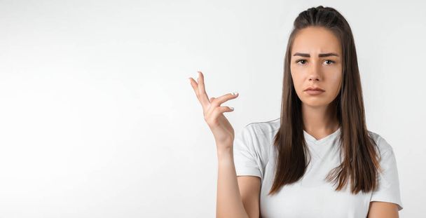 What the hell are you talking about, nonsense. Studio shot of frustrated female with long chestnut hair gesturing with raised palm, frowning, being displeased and confused with dumb question. - Foto, Imagen