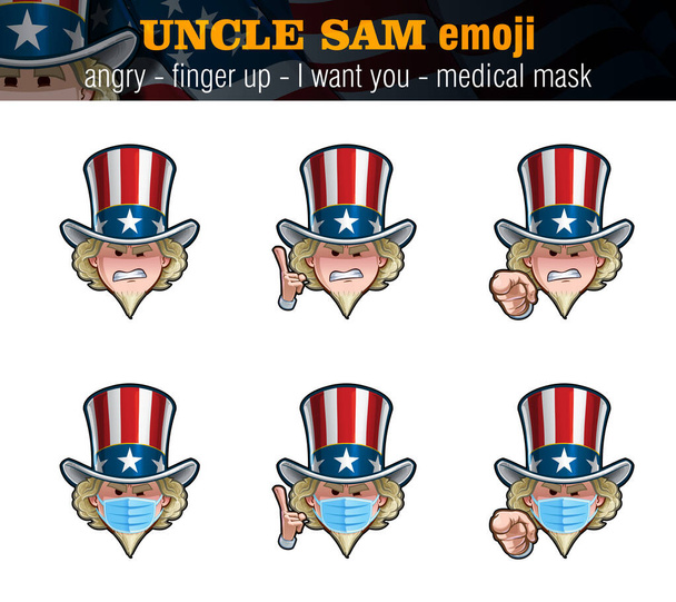 Vektor-Illustrationen Set von Cartoon Uncle Sam Emoji mit wütendem Gesichtsausdruck, nur das Gesicht, zeigt mit dem Finger Ich will dich und nach oben und chirurgische Maske Optionen. Elemente auf gut definierten Ebenen n Gruppen - Vektor, Bild