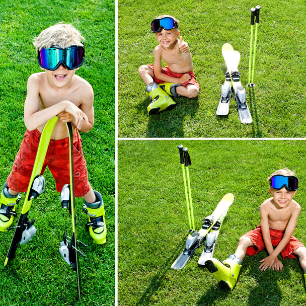 Smiling funny boy in grass with ski - Photo, image