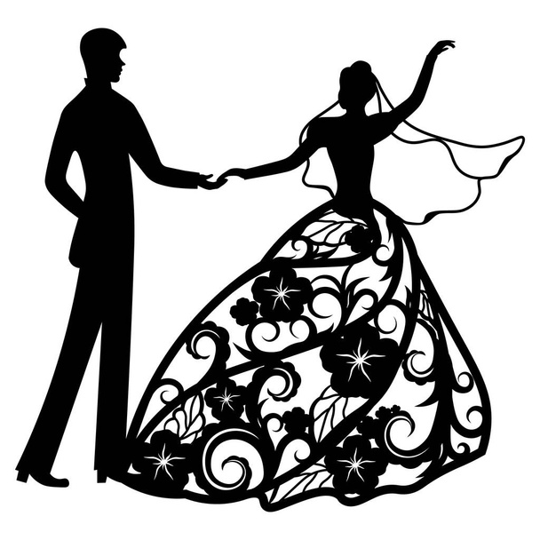 Vektorillustration. Vorlage mit dem Bräutigam und der Braut. Muster für den Laserschnitt, Junge und Mädchen. Die Tanzpaare. Kleid mit Blumen - Vektor, Bild