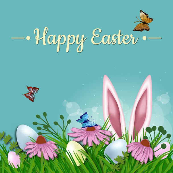 Vector vintage, realistic background for Easter. Template. Rabbit ears sticking out of the grass and the card with place for congratulations - Vector, Imagen