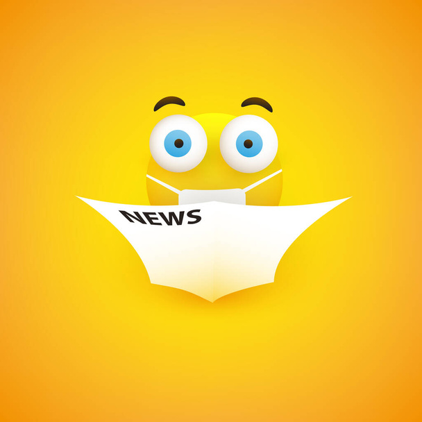 Surprising News - Emoticon with Pop Out Eyes Reads a Newspaper and Wearing a Mask - Simple Emoticon on Yellow Background - Vector Design - Vector, Image