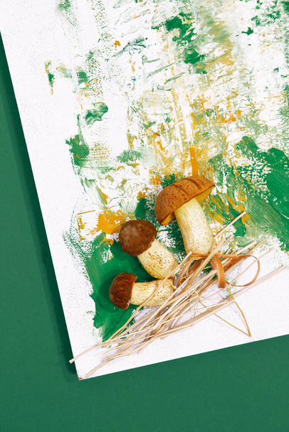 Fresh mushrooms on design painted background. Minimal art. Autumn concept - Zdjęcie, obraz