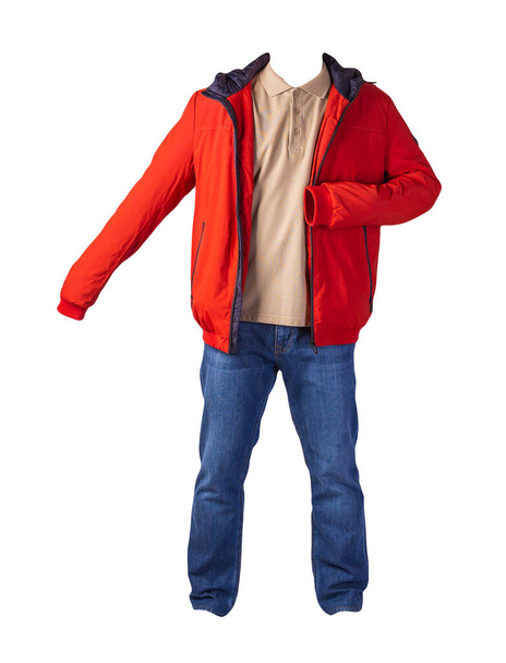 red jacket,beige shirt and blue jeans isolated on white background. casual fashion clothes - Foto, Imagem