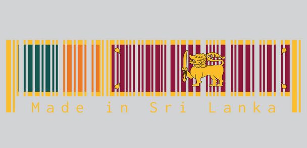 Čárový kód nastavil barvu srílanské vlajky, čtyři barvy zelené oranžové žluté a tmavě červené se zlatým lvem. text: Made in Srí Lanka, koncept prodeje nebo podnikání. - Vektor, obrázek