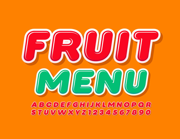 Vector fresh template Fruit Menu. Bright modern Font. Red Alphabet Letters and Numbers set - Vektör, Görsel