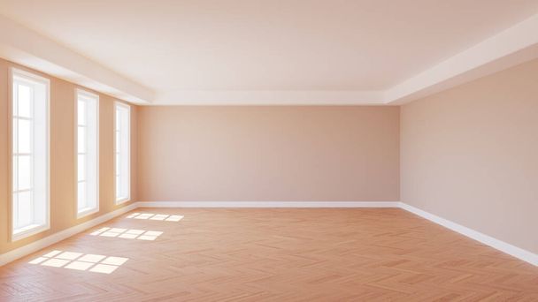 Hermoso interior vacío soleado con suelo de parquet, tres grandes ventanas de plástico, paredes beige y zócalo blanco, 3d render - Foto, imagen