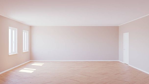 Krásný prázdný interiér s parketovou podlahou, dvěma plastovými okny, béžovými stěnami, bílými dveřmi a bílou základní deskou, Lit by the Sun, 3d rendering - Fotografie, Obrázek