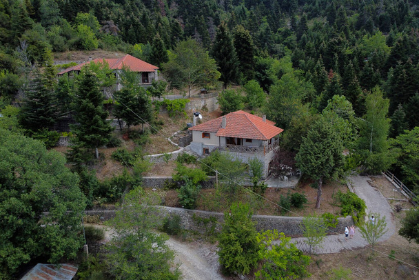 Vista aérea da aldeia de Lefka ou Paloukova como foi anteriormente nomeado é uma aldeia construída em um belo cenário natural, entre uma floresta de abetos na Grécia em agosto 1, 2020 - Foto, Imagem