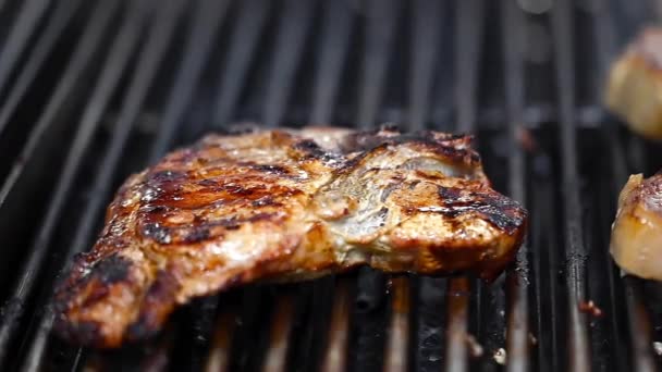Closeup, dolly shot of delicious meat steaks roasting on a charcoal barbecue grill. - Footage, Video