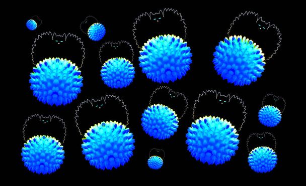 Абстрактное изображение коронавируса. Голубые шары с шипами и коронки в виде летучей мыши расположены на черном фоне. 3D рендеринг. - Фото, изображение