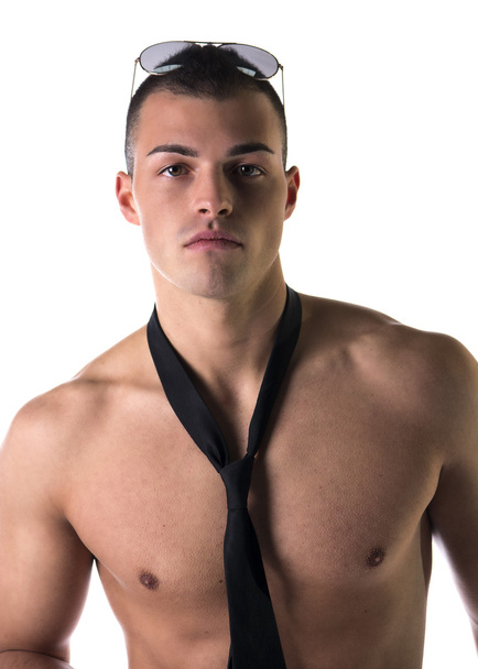 Attractive shirtless young man with black bow-tie, isolated on white - Fotó, kép