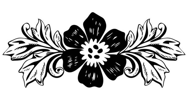 Modello floreale vintage barocco disegnato a mano. Illustrazione vettoriale ornamento bordo cornice vittoriana in bianco e nero isolato su un bianco. Design decorativo del tatuaggio in filigrana. - Vettoriali, immagini