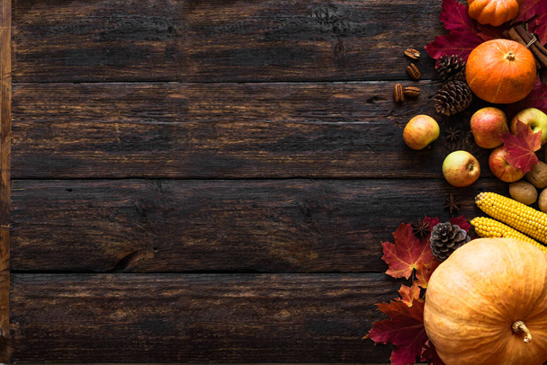 Autumn pumpkins, apples, autumn maple leaves, pine cones  on wooden background, creative flat lay, top view, copy space. Seasonal autumn holiday concept. - 写真・画像